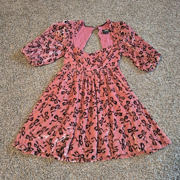 Maeve Sweetheart Velvet Mini Dress Pink Black Bows Puff Sleeves Women's XS - Picture 5 of 7